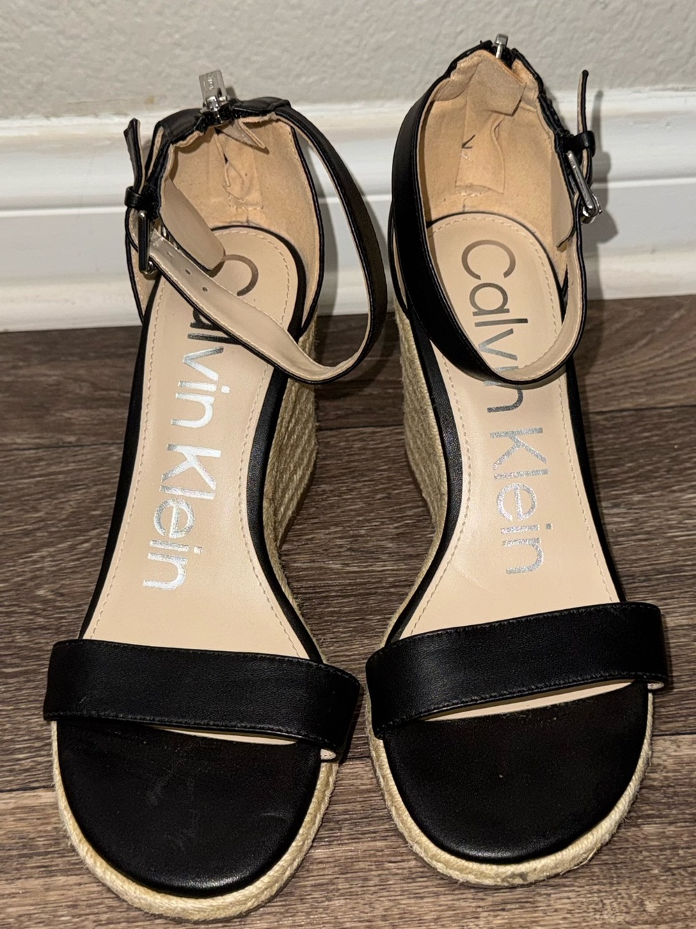 Calvin Klein Black Leather Ankle-Strap Espadrille Wedges